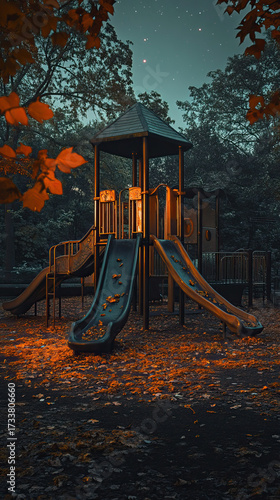 Abandoned, overgrown playground at night, where pumpkin drones with orange lights float silently
