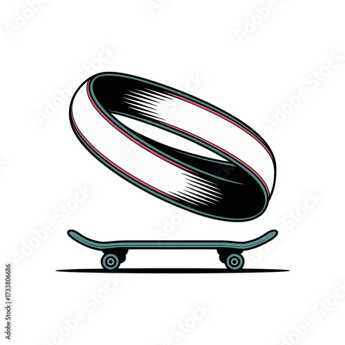 infinite ring above skateboard, gravity defying illusion, street culture artwork, playful geometry concept, bold contemporary vector