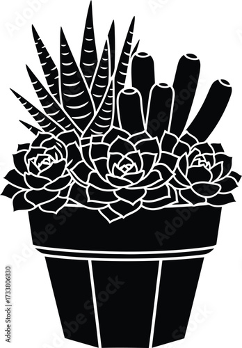 A black and white vector silhouette of a modern mixed succulent arrangement in a terracotta flower pot, featuring various plants like Echeveria, Haworthia, and Sedum, representing home decor.