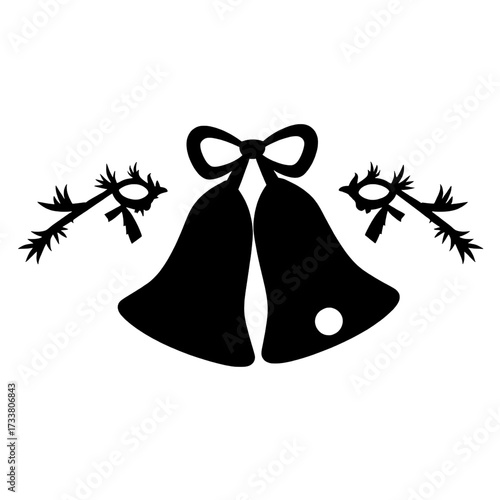 black silhouette of wedding bells with mistletoe on white background