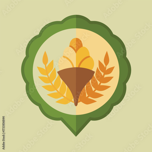 Flat design emblem with wheat ears and a cornucopia