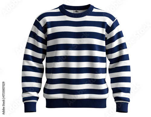 A striped sweater with navy and white horizontal bands, front view, isolated