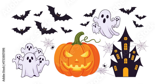 Vector illustration of Halloween elements: a grinning jack-o'-lantern, flying bats, friendly ghosts, and a spooky haunted house, ideal for festive seasonal designs.