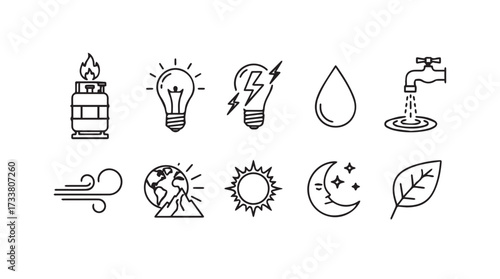 Set of iconographic symbols representing various renewable and non-renewable energy and natural resources vector