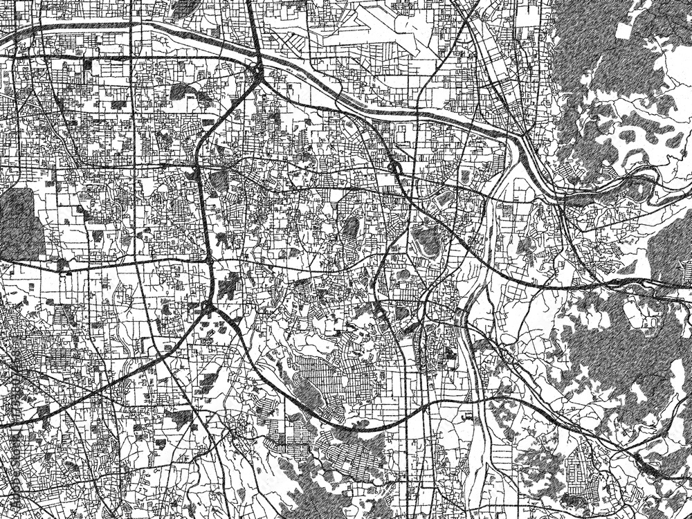 Naklejka premium Poster-ready monochrome city map of Habikino, Japan, with detailed streets and rivers.