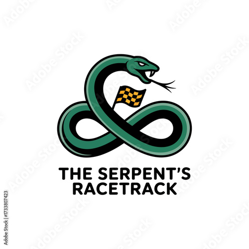racing serpent infinity mark, checkered flag tongue detail, speed competition concept, agile mascot logo, modern vector design