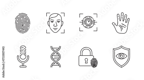 Set of eight security and identification icons representing biometrics and personal data protection vector