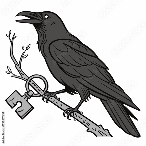 A black crow grips a stylized key on a branch raven