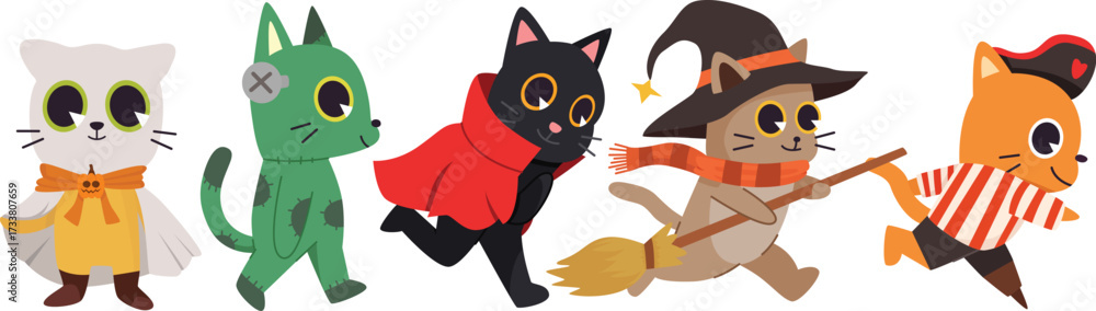 Obraz premium Cute Halloween Cats in Costume Vector Illustration. Perfect for seasonal invitations, party flyers, kids’ designs, and festive decorations.