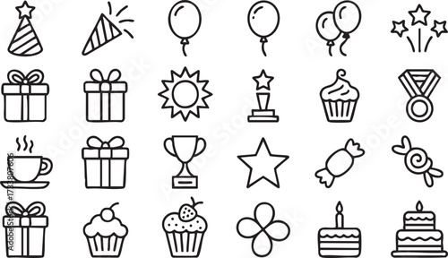 Vector Icons Set of Birthday and Festival Symbols Including Presents and Balloons