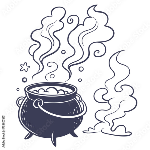 A dark cauldron with bubbling liquid and swirling steam