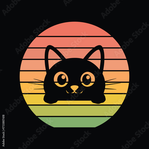 Black Cat Peeking Sunset Vintage Retro Cat Lover