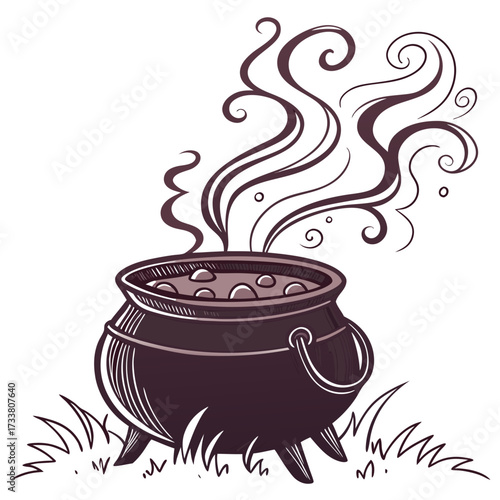 A dark cauldron bubbling with purple liquid and steam