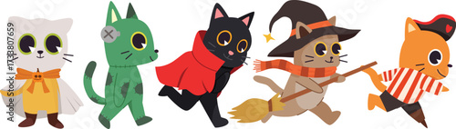 Cute Halloween Cats in Costume Vector Illustration. Perfect for seasonal invitations, party flyers, kids’ designs, and festive decorations.
