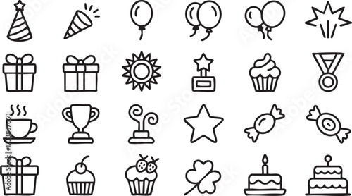 Party and Celebration Line Icons with Balloons, Gifts, Cupcakes and Cake