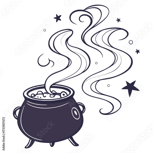 A dark purple cauldron with bubbling contents and swirling steam