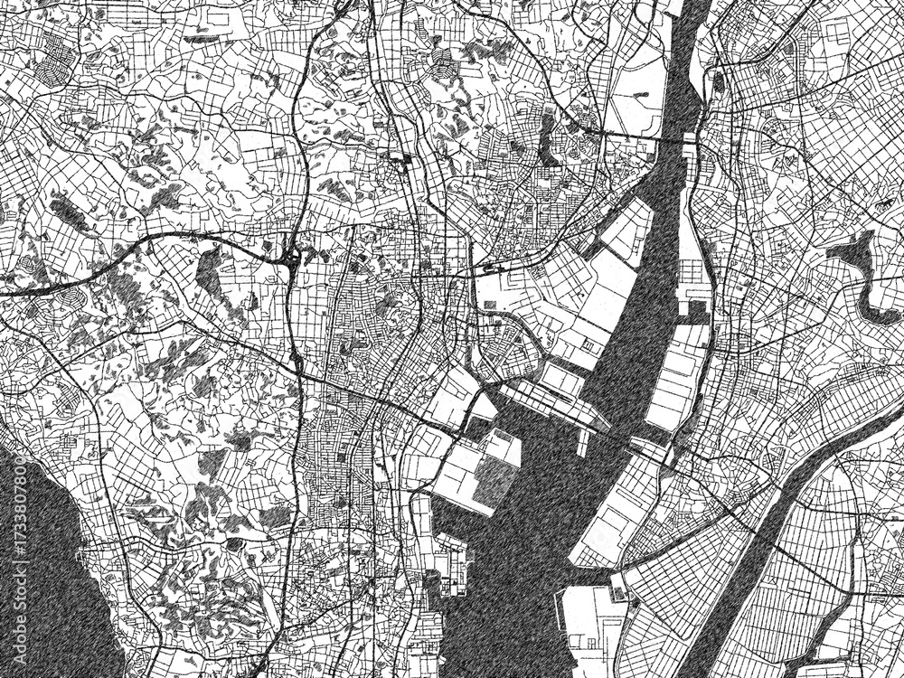 Fototapeta premium Artistic monochrome city map of Handa, Japan, created in a hand-drawn style.