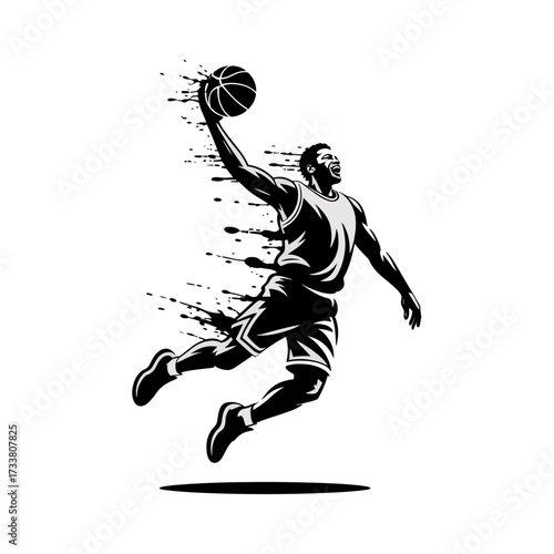 Basketball slam dunk silhouette, dynamic splash effect, athletic player motion, competitive sports poster, energetic training graphic vector