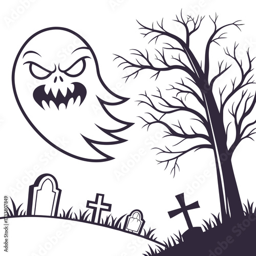 Angry ghost hovering over spooky graveyard with bare tree