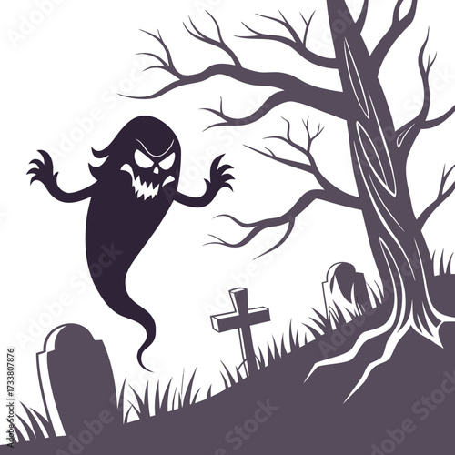 Angry ghost in graveyard with bare tree and tombstones