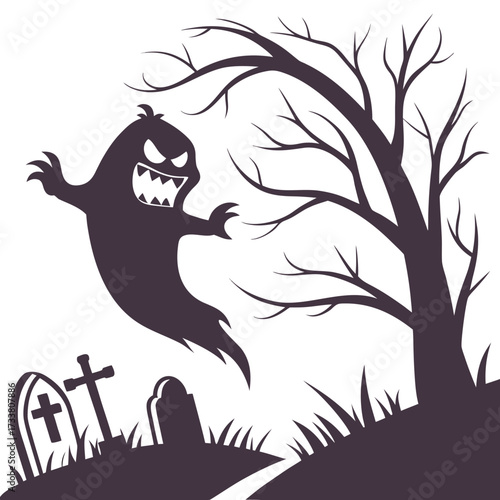Angry ghost in spooky graveyard with bare tree spirit