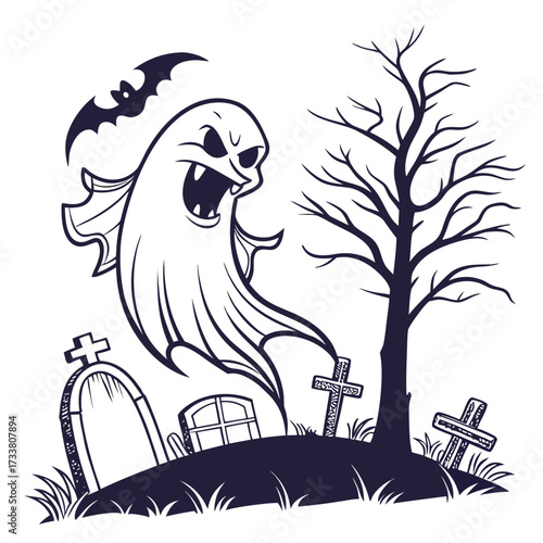 Angry ghost with bat and gravestones in graveyard spirit
