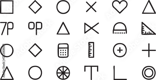 Outline Icons of Geometric Shapes and School Math Symbols Vector Illustration