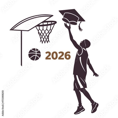 Basketball player dunking graduation cap with year 2026