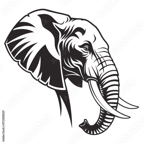 Black and white illustration of an elephant's head, showcasing intricate details and textures.