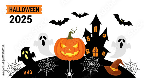 A captivating Halloween 2025 vector illustration depicts a glowing jack-o'-lantern, spooky haunted house, flying bats, and friendly ghosts.