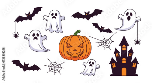 A vibrant collection of spooky Halloween illustrations featuring an evil pumpkin, flying bats, ghostly figures, and a haunted mansion, perfect for festive designs.
