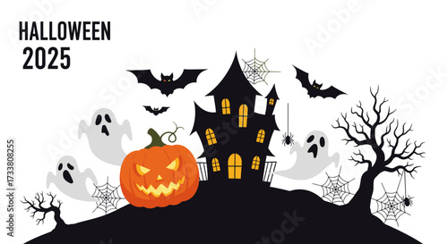 An enchanting Halloween 2025 graphic depicting a haunted mansion, carved pumpkin, spectral ghosts, and flying bats against a bright background.