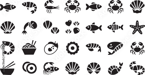 Vector Seafood Icons Pack with Sushi, Rice Bowls and Ocean Food Symbols