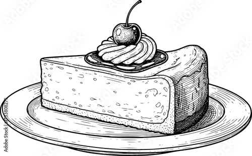 cheesecake cherry engraving black and white outline
