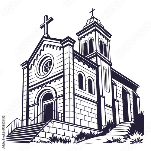 Black and white illustration of a church with a cross