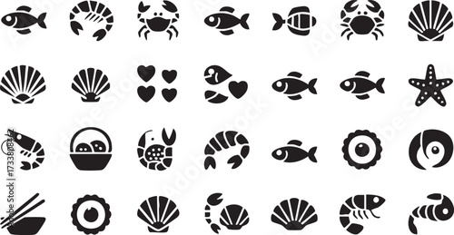 Vector Icons of Seafood Cuisine Including Fish, Shells and Rice Bowls