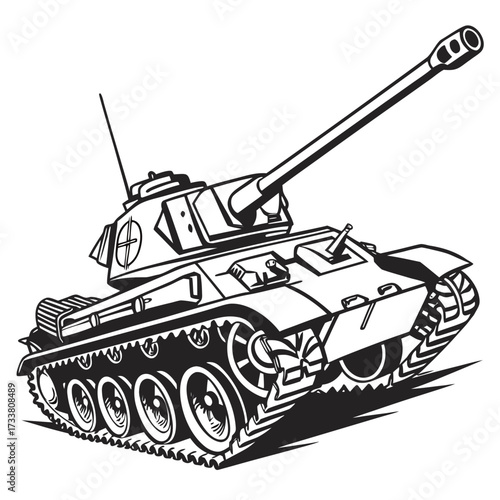 Black and white illustration of a military tank army