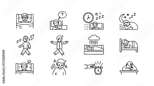 Hand drawn icons depicting sleep problems insomnia awakening tiredness stress and rest vector