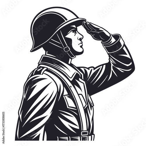 Black and white silhouette of a soldier saluting military