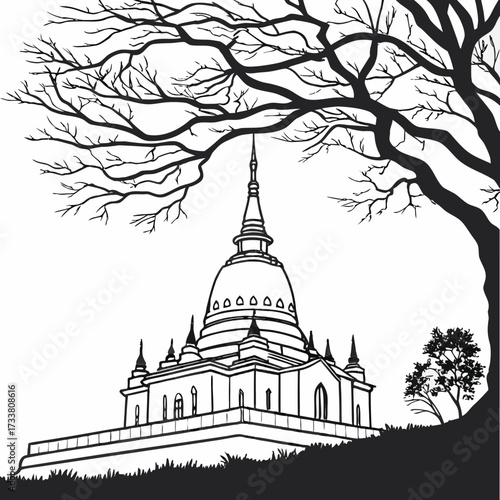 Black and white silhouette of a temple with bare tree branches
