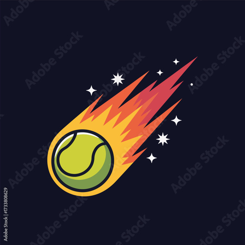 meteor tennis ball graphic, explosive fiery streaks, night sky theme, thrilling match concept, bold athletics poster, vector design