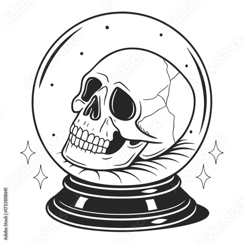 Black and white skull inside a crystal ball illustration