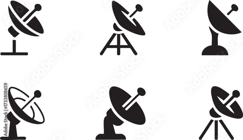 Telecommunication Antenna Icons Featuring Satellite Dishes and Signal Symbols