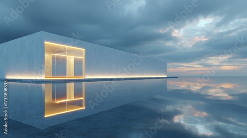 A modern white building with subtle illumination reflects on a flooded concrete platform. A dramatic sky adds to the tranquil aesthetic