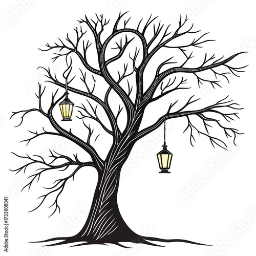 Black bare tree with yellow hanging lanterns dead tree