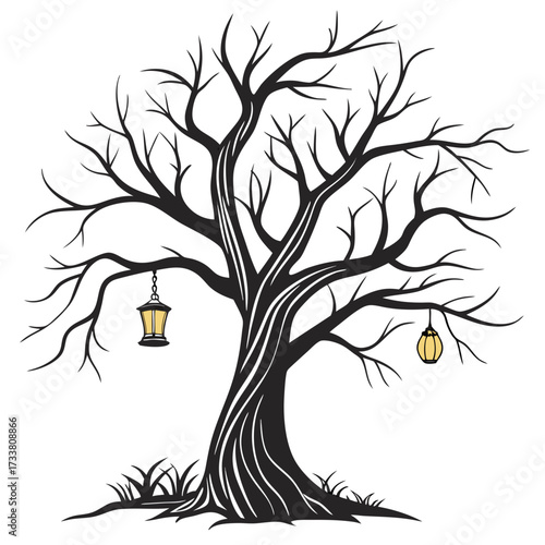 Black bare tree with yellow lanterns hanging dead tree