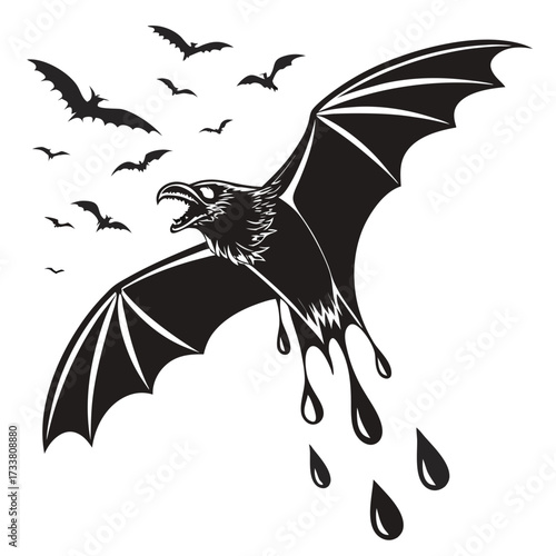 Black bat creature with dripping blood and flying bats