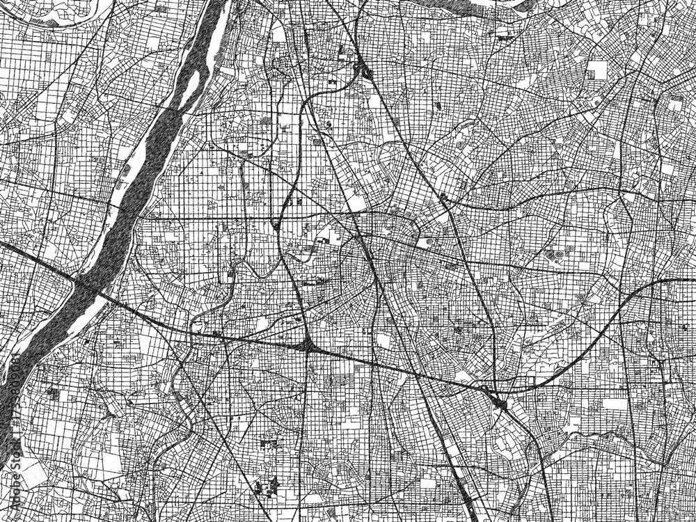 Fototapeta premium Poster-ready monochrome city map of Ichinomiya, Japan, with detailed streets and rivers.
