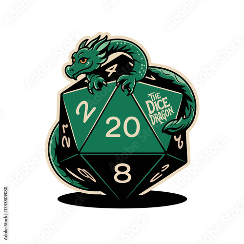 fantasy dragon with twenty sided dice, tabletop gaming emblem, mythical creature mascot, bold green scales, dramatic shadow