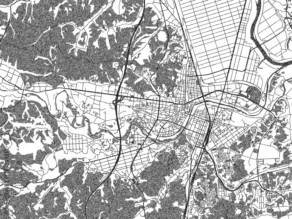 Obraz premium Hand-drawn style black and white city map of Ichinoseki, Japan, ready for wall art or editorial projects.